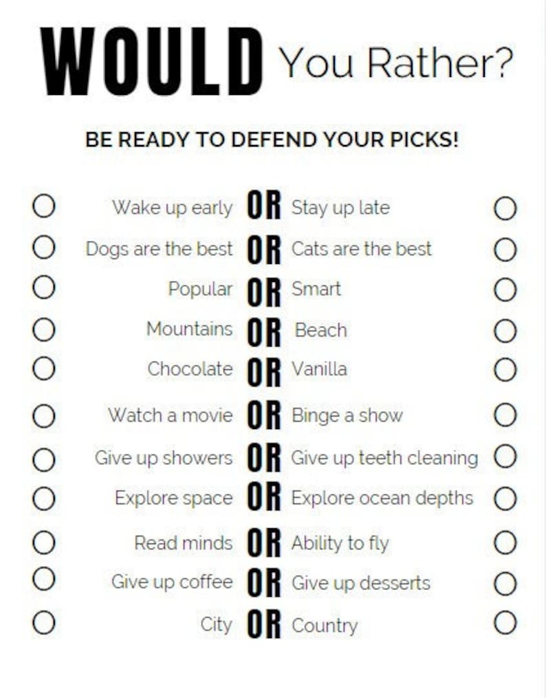 Would You Rather Party Game This or That Questions Conversation Starter Party Starter Icebreaker