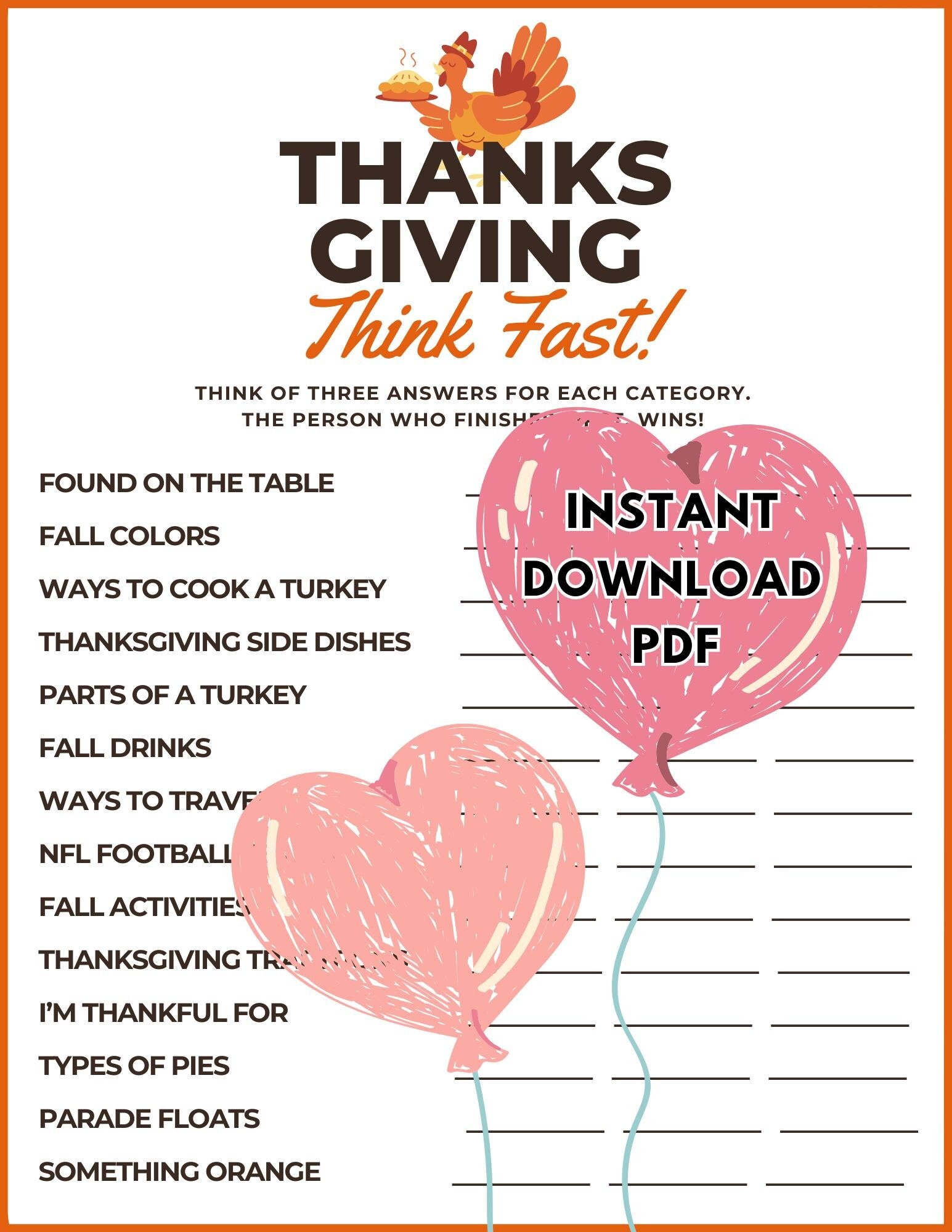 Printable Thanksgiving Think Fast Game | Thanksgiving Day Activity | Turkey Day Game
