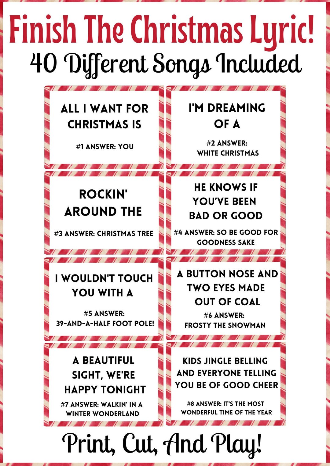 Printable Finish the Christmas Lyric Christmas Day Activity Christmas