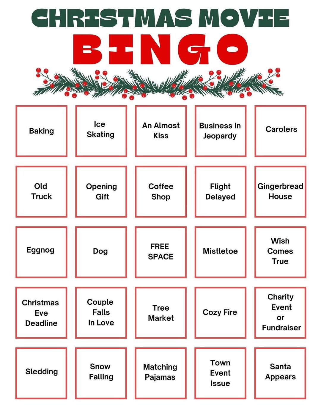 hallmark christmas movie bingo game: holiday printable (digital