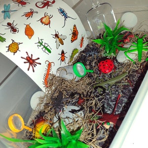 May include: A clear plastic container filled with black sand, brown twigs, and green plastic plants. There are various plastic insects and a magnifying glass in the container. A sheet of paper with colorful insect stickers is partially visible in the background.