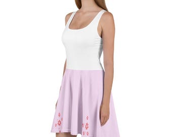 two tone skater dress Two-tone Skater Dress: Taupe & Pink With Blue Leaf Print