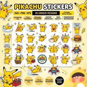 Könnte beinhalten: Ein digitales Sticker-Set mit 26 einzigartigen Designs der gelben Figur Pikachu in verschiedenen Posen und Aktivitäten. Die Sammlung enthält SVG-, PNG- und EPS-Dateiformate mit Textbeschriftungen wie PIKACHU STICKERS und HAPPY BIRTHDAY.
