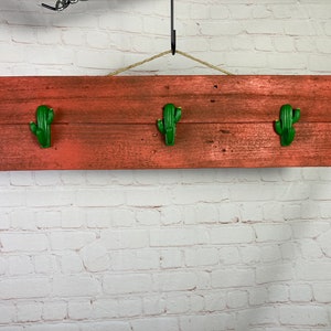 Modern rustic desert cactus cacti coat rack wall hanging wall decor sunset colors desert sky hat rack key chain hangers rustic wood hanger