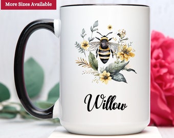 Personalized Bee Coffee Mug, Bee Gifts For Women, Floral Bee Coffee Mug, Bee Lover Gifts, Floral Bee Coffee Cup, Custom Bee Coffee Mug