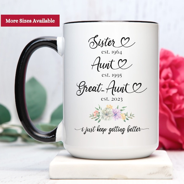 Sister Aunt Great Aunt Mug, Gift Cup for Sister Aunt Great Aunt, Sister Aunt Great Aunt with EST Year Mug, Great Aunt Gift, Aunt Coffee Mug
