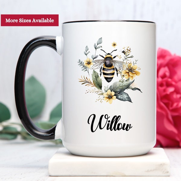 Personalized Bee Coffee Mug, Bee Gifts For Women, Floral Bee Coffee Mug, Bee Lover Gifts, Floral Bee Coffee Cup, Custom Bee Coffee Mug