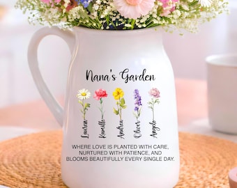 Personalized Nana Garden Vase, Custom Birth Flower Vase, Birthday Gift For Nana (OS-ANFV04B)