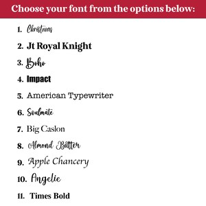 K&ouml;nnte beinhalten: Eine Liste von elf verschiedenen Schriftarten, nummeriert von 1 bis 11, wobei der Schriftartname in der entsprechenden Schriftart geschrieben ist. Die Schriftarten sind: Christmas, Jt Royal Knight, Boho, Impact, American Typewriter, Soulmate, Big Caslon, Almond Butter, Apple Chancery, Angelie und Times Bold.