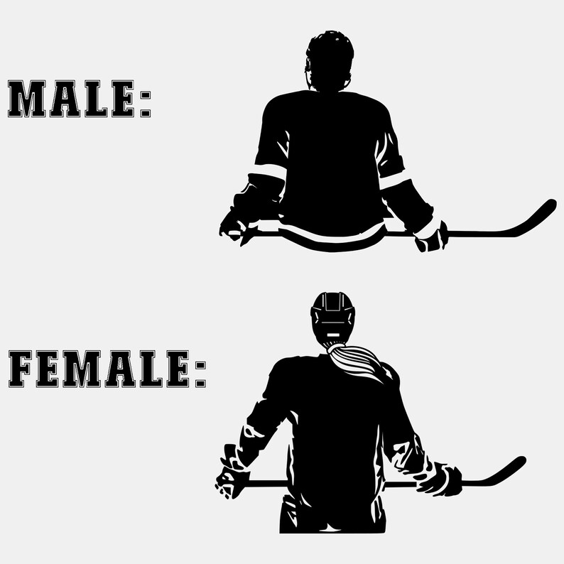 May include: Silhouette of a hockey player holding a hockey stick, facing away from the viewer. The player is wearing a helmet and jersey. The text "MALE:" appears above the player and the text "FEMALE:" appears below the player.