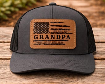 Custom Grandpa Hat with Names American Flag Leather Patch Trucker Hat Personalized Grandfather Hat Fathers Day Grandpa Cap