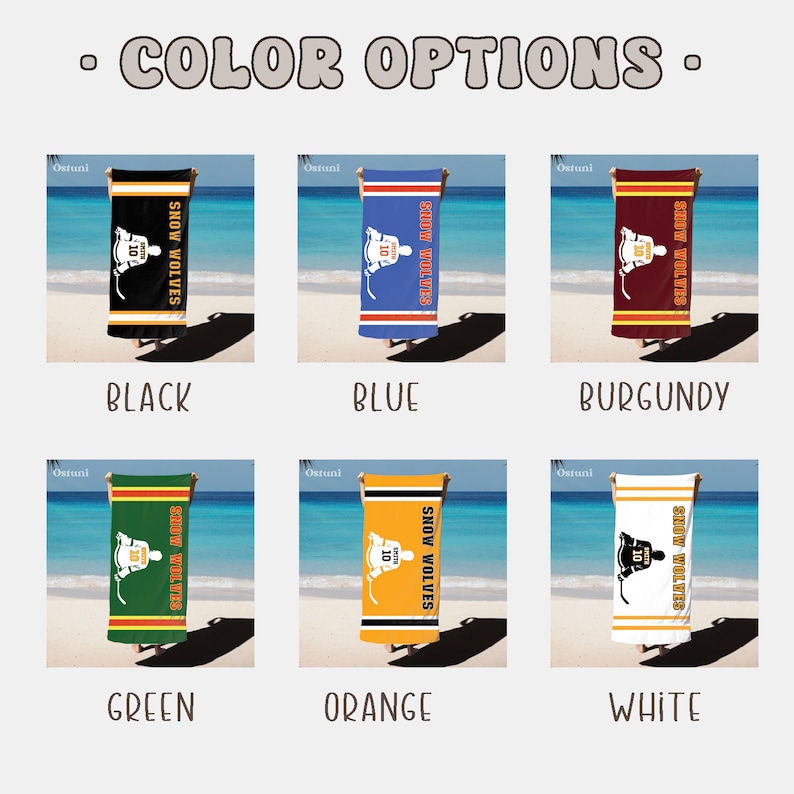 May include: Six beach towels with different colored backgrounds. Each towel features a hockey player with the text "Show Wolves" and the number "10". The colors are black, blue, burgundy, green, orange, and white.