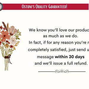 Peut inclure: Un bouquet de fleurs dans des tons de rose, rouge et orange avec des feuilles vertes. Le texte "OSTUNI'S QUALITY GUARANTEED!" est en haut de l'image. Le texte sous les fleurs dit "We know you'll love our products as much as we do. In fact, if for any reason you're not completely satisfied, just send us a message within 30 days and we'll issue a full refund."