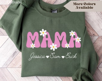 Retro Mama Sweatshirt, Mom Sweatshirt With Kids Names, Mama Crewneck, Mama Sweatshirt Personalize, Mama Crewneck Sweater, Custom Mom Sweater