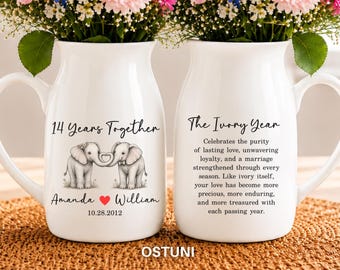 14th Anniversary Gift for Couple, Personalized Anniversary Vase, Custom Ivory Year Flower Vase (OS-AN1FV01)
