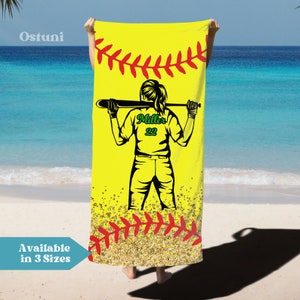 Softball Beach Towel, Softball Gift For Girls, Softball Team Gifts, Custom Softball Coach Gifts, Softball Player Beach Towel