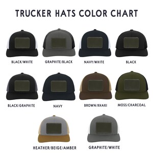 May include: A color chart of trucker hats in various colors, including black, navy, graphite, brown, and moss. Each hat has a mesh back and a rectangular patch on the front. The text "TRUCKER HATS COLOR CHART" is at the top.