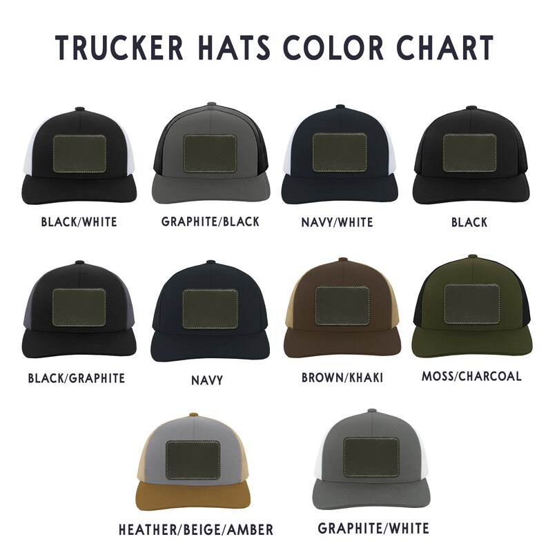 May include: A color chart of trucker hats in various colors, including black, navy, graphite, brown, and moss. Each hat has a mesh back and a rectangular patch on the front. The text "TRUCKER HATS COLOR CHART" is at the top.