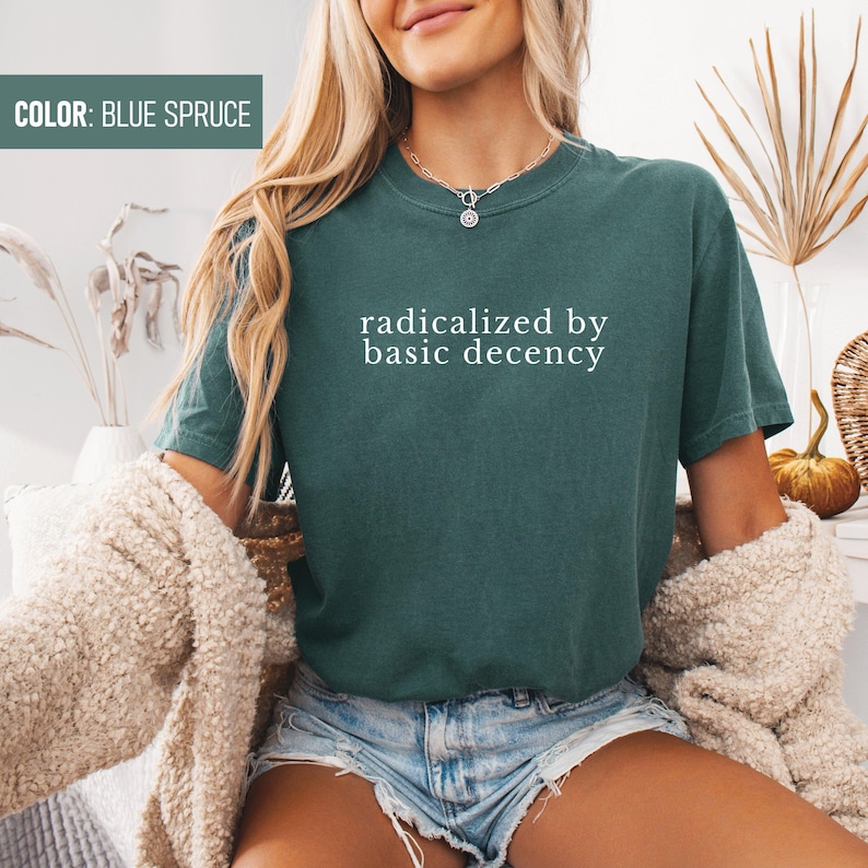 Op de afbeelding: Een tealblauw T-shirt met de tekst "radicalized by basic decency" in wit gedrukt op de voorkant.