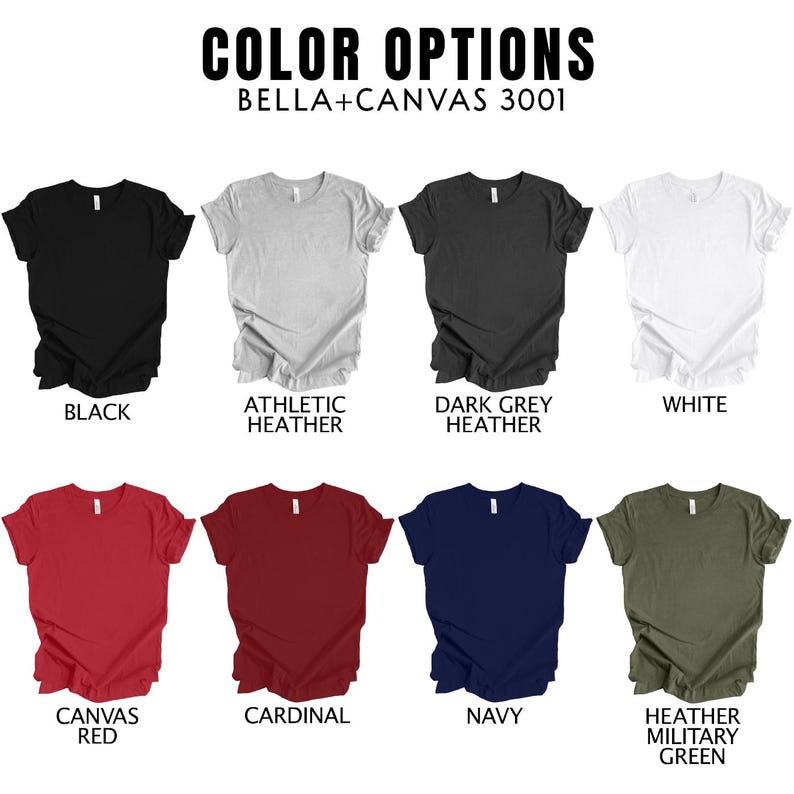 Peut inclure: Un nuancier montrant 10 couleurs de t-shirts diff&eacute;rentes disponibles pour les t-shirts Bella + Canvas 3001. Les couleurs sont : Noir, Gris chin&eacute; athl&eacute;tique, Gris chin&eacute; fonc&eacute;, Blanc, Rouge toile, Cardinal, Marine, Vert militaire chin&eacute;.