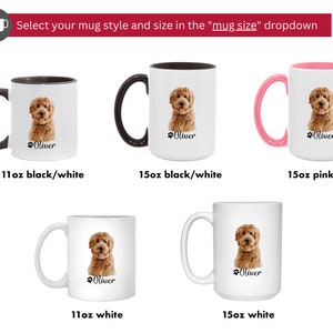 Op de afbeelding: Vijf verschillende stijlen van witte keramische mokken met een afbeelding van een bruine hond en de naam "Oliver" erop gedrukt. De mokken zijn verkrijgbaar in de maten 11 oz en 15 oz met zwarte, roze of witte handvatten.