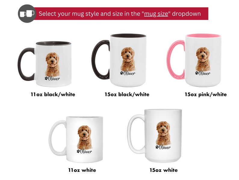 Op de afbeelding: Vijf verschillende stijlen van witte keramische mokken met een afbeelding van een bruine hond en de naam "Oliver" erop gedrukt. De mokken zijn verkrijgbaar in de maten 11 oz en 15 oz met zwarte, roze of witte handvatten.