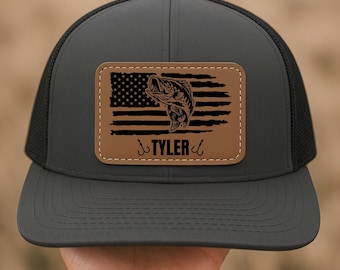 Personalized Bass Fishing Trucker Hat: Vegan Leather Patch