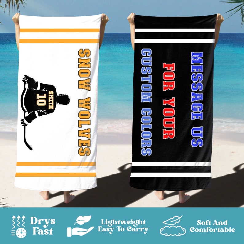 May include: Two beach towels with different designs. The first towel is white with orange stripes and the text "SNOW WOLVES" in yellow. The second towel is black with white stripes and the text "MESSAGE US FOR YOUR CUSTOM COLORS" in red, blue, and white.