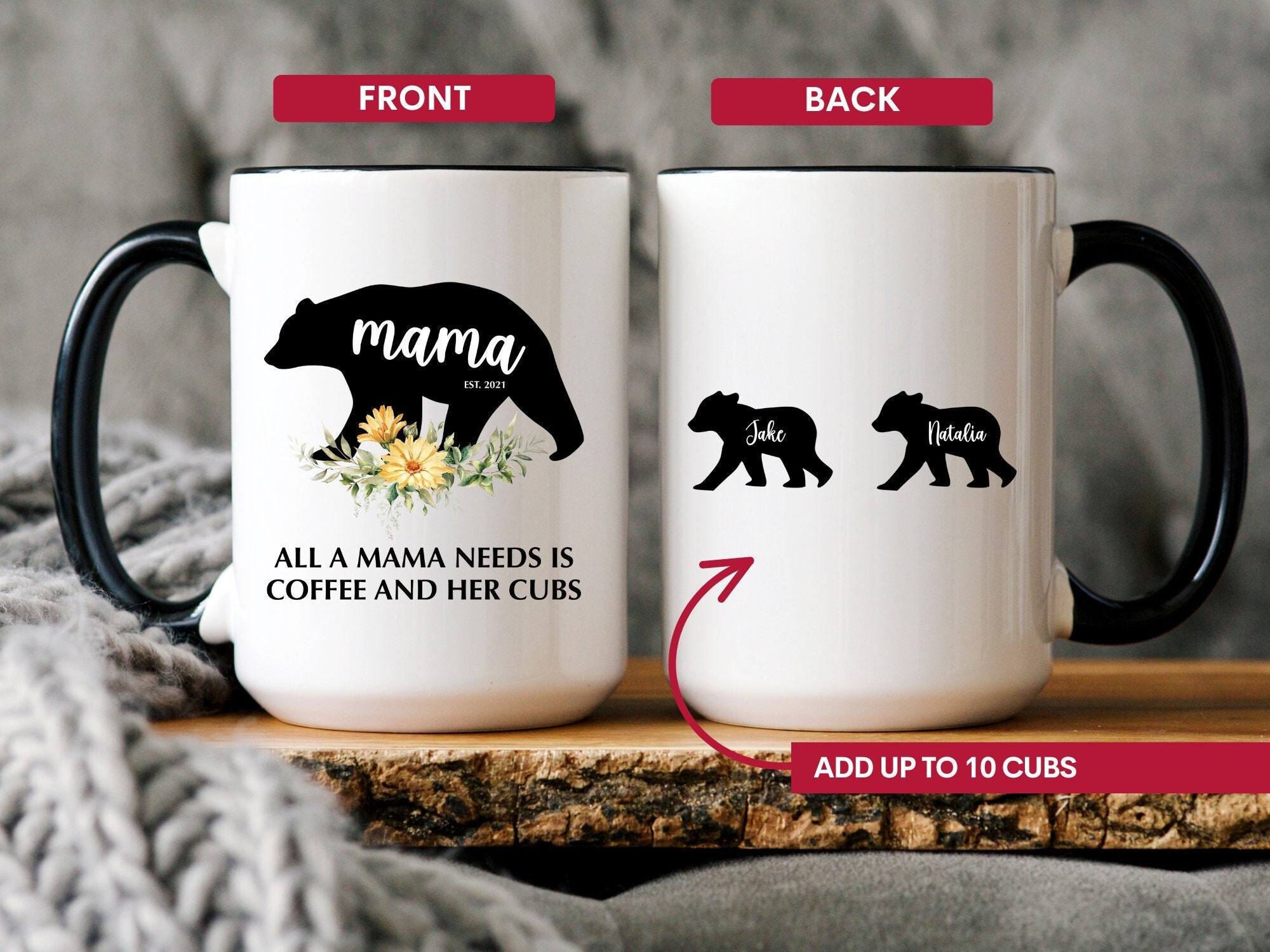 Mama Bear Coffee Mug for Mom, Mother, Wife - Cute Coffee Cups for Women -  Unique Fun Gifts for Her, Mother's Day, Christmas (Coral)
