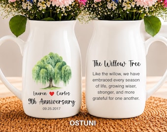 Custom 9 Year Anniversary Vase, Willow Tree Flower Vase, 9th Wedding Anniversary Gift (OS-AN1FV02)