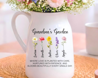 Personalized Grandma Garden Vase, Custom Birth Flower Vase, Birthday Gift For Grandma (OS-ANFV04A)