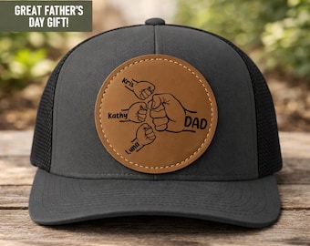 Custom Dad Hat with Kids Names Leather Patch Trucker Hat Personalized Father Hat Fathers Day Gift from Kids Custom Name Dad Cap