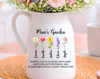Personalized Mimi Garden Vase, Custom Birth Flower Vase, Birthday Gift For Mimi (OS-ANFV04C)