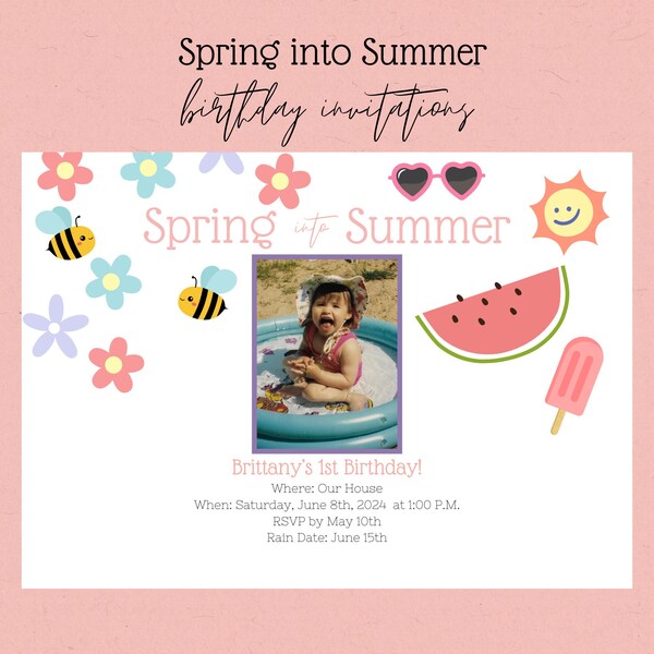Spring Into Summer Child Birthday Party Invitations - Made to Order, Digital Download, Spring and Summer Birthday Card Invite, Boy or Girl
