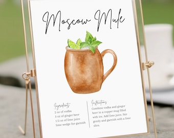 Tarjeta de receta de mula de Moscú - Descarga digital instantánea, foto PDF y PNG, letrero de bebida decorativa, póster de mula de Moscú, Cómo hacer una mula de Moscú
