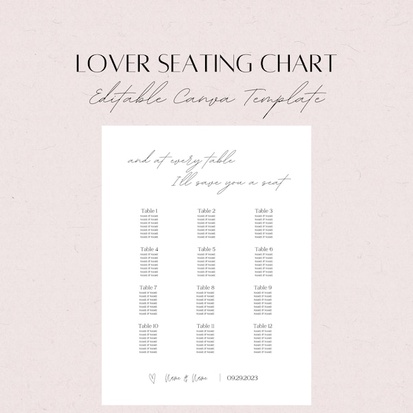 Lover Inspired Minimalist Wedding Guest Seating Chart Template - Instant Download, Digital, Editable Canva Template - 2 sizes available