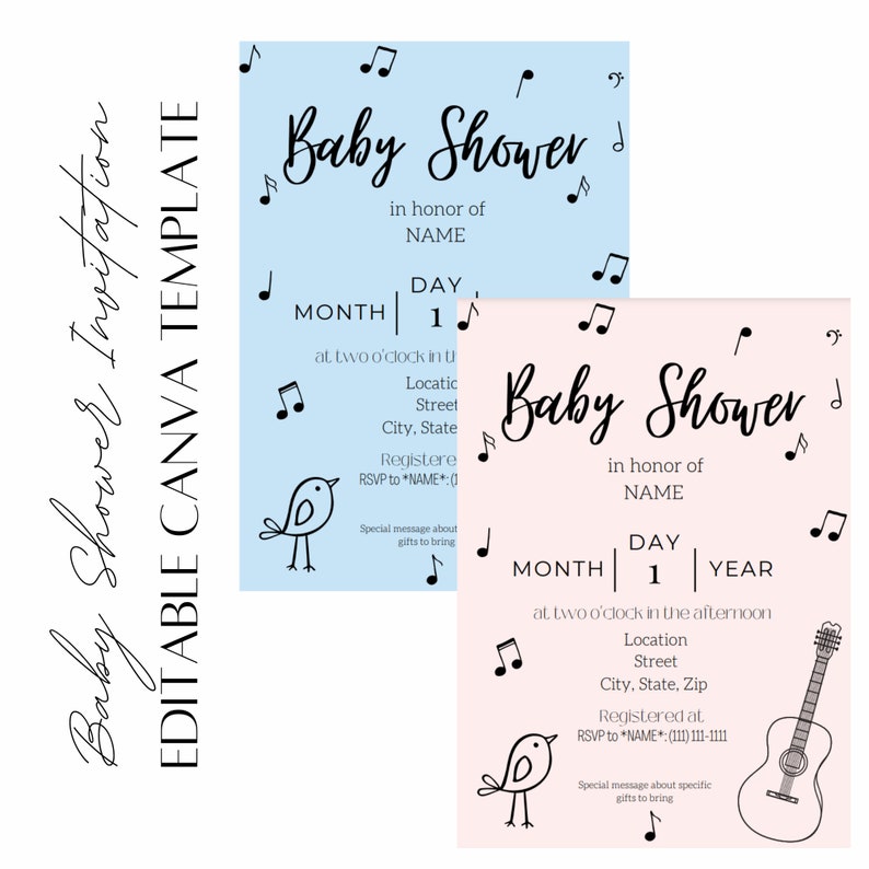 Music Themed Baby Shower Invitation Template, Baby Shower Card, Guitar