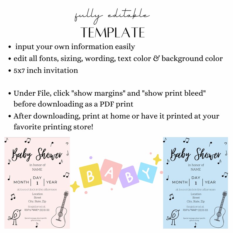Music Themed Baby Shower Invitation Template Digital Etsy