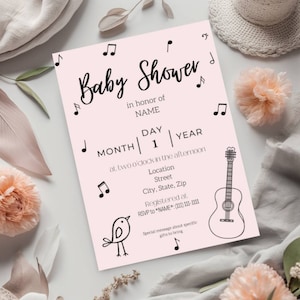 Music Themed Baby Shower Invitation Template, Baby Shower Card, Guitar - Instant Download, Digital, Editable Canva Template, Pink and Blue