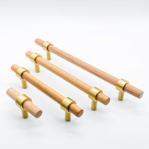 Timber and Brass Cabinet Handle,  Natural wood and brushed brass drawer pull,  Wooden t-bar, 96mm, 128mm, 160mm handle