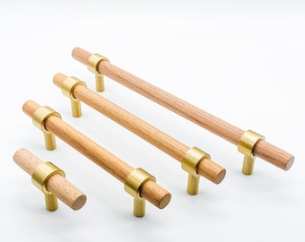 Beech Timber Cabinet Handle with Brass Feet,  Natural wood handle, t-bar, 96mm, 128mm, 160mm handle