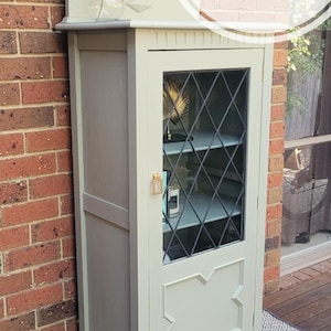 Op de afbeelding: Een lichtgroene kast met een glazen deur en twee planken. De kast heeft een decoratief ontwerp aan de voorkant en staat op een zwart-wit gepatroneerd kleed. De kast is gelabeld met "Reloved Furniture by Sue".