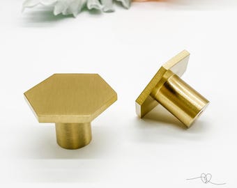 Hexagonal solid brass drawer pull, Brass drawer knob, Brushed brass cabinet knob, Brushed brass cabinet hardware