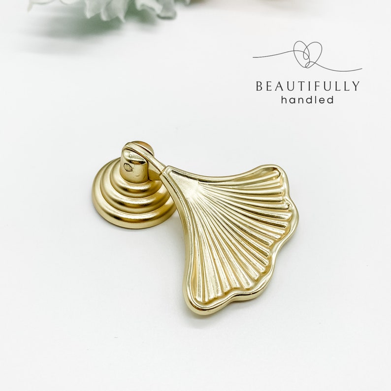 Gold Ginkgo leaf drawer pulls, art deco fan cabinet handles, Gold dresser knob