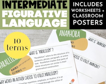 May include: A set of printable classroom posters and worksheets for teaching intermediate figurative language. The posters feature the terms "anaphora" and "parallelism" with definitions and examples. The worksheets include prompts for students to identify and analyze these literary devices.