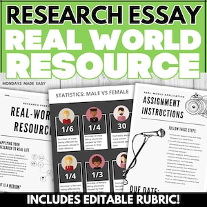 May include: A research essay resource with the title "Research Essay Real World Resource" in large black letters on a green background. The image includes assignment instructions, statistics, and the text "Includes Editable Rubric!"