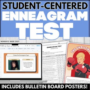 May include: A digital educational resource with the text "STUDENT-CENTERED ENNEAGRAM TEST." The image includes a laptop displaying a quiz, an assessment sheet, and a poster with a boxer. The text "INCLUDES BULLETIN BOARD POSTERS!" is also visible.