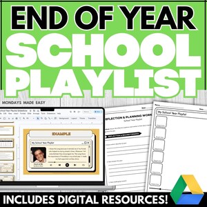 Può includere: Una risorsa digitale intitolata "End of Year School Playlist" con un design verde e bianco. L'immagine include un laptop che mostra un esempio di playlist, fogli di lavoro di riflessione e il testo "Includes Digital Resources!"