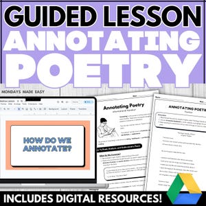 May include: A digital lesson plan titled "Guided Lesson Annotating Poetry" with a laptop displaying "How Do We Annotate?" and printed handouts. The image includes the text "Includes Digital Resources!"