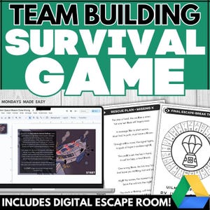 May include: A digital escape room game with the text "TEAM BUILDING SURVIVAL GAME" in a green and black design. The image includes a laptop displaying a game, and printed game materials. The text "INCLUDES DIGITAL ESCAPE ROOM!" is at the bottom.